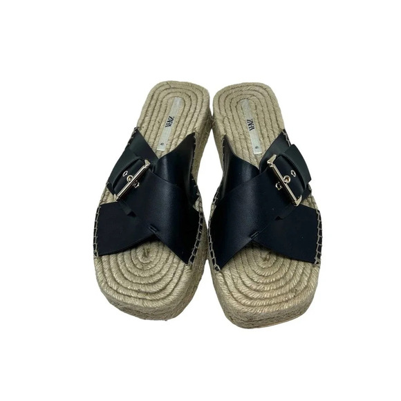 Zara Black Leather Buckle‎ Espadrille Jute Slide Sandals Size 41 / US 10.5 - Picture 2 of 9
